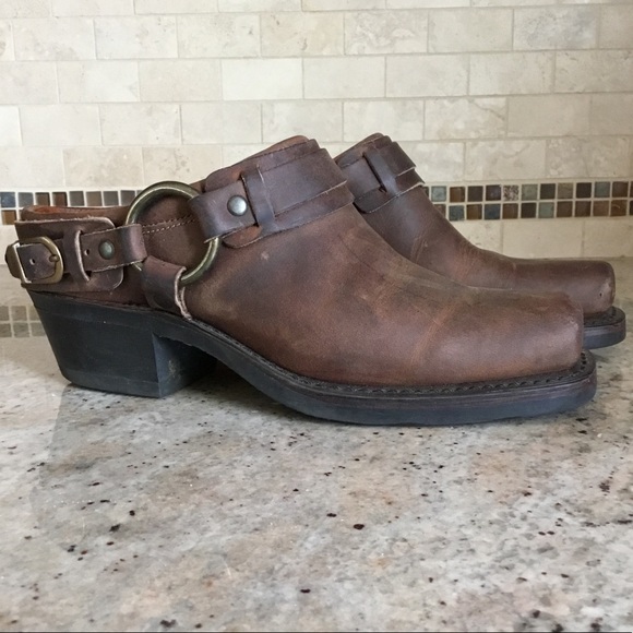Frye Brown Distressed Leather Belted Harness Mules